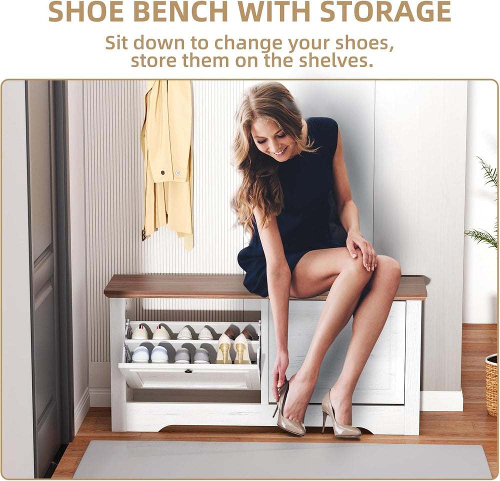 Shoe Storage Bench with Seat, Entryway Shoe Cabinet with Drawers | Flip Drawe...