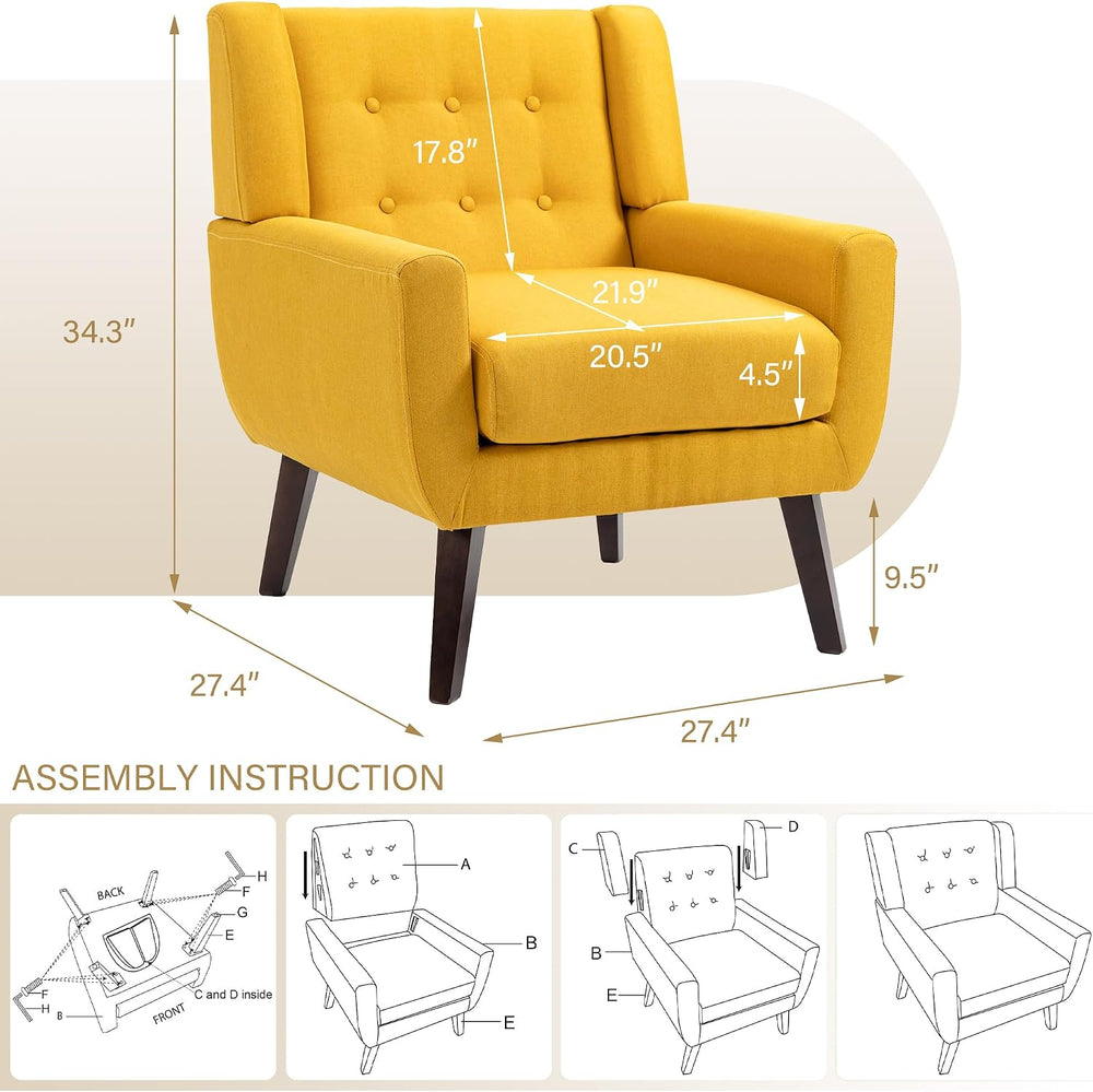 Mid Century Modern Button Tufted Yellow Set of 2 Accent Armchair for Living Room