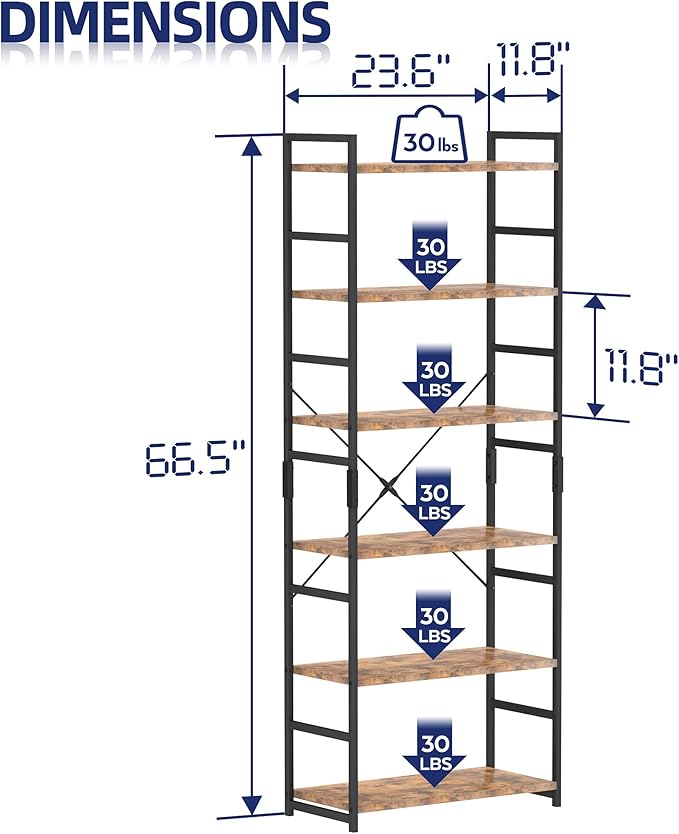 NUMENN 6 Tier Bookshelf, Tall Bookcase Shelf Storage Organizer, Modern Book S...