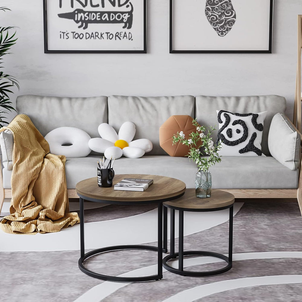 Smuxee Nesting Coffee Table Set of 2, 23.6" Round Coffee Table Wood Grai...