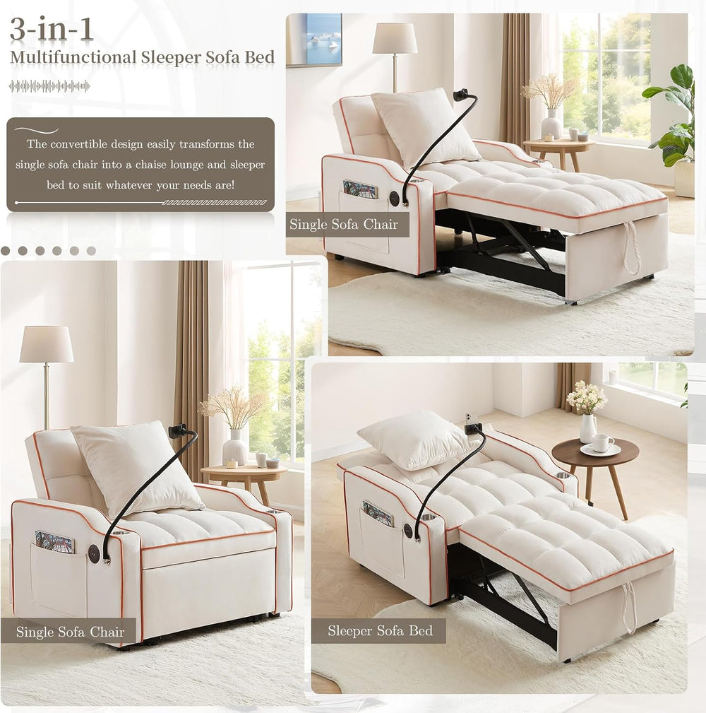 Convertible Single Sleeper Velvet Futon Sleeper Sofa Bed with Phone Holder &a...