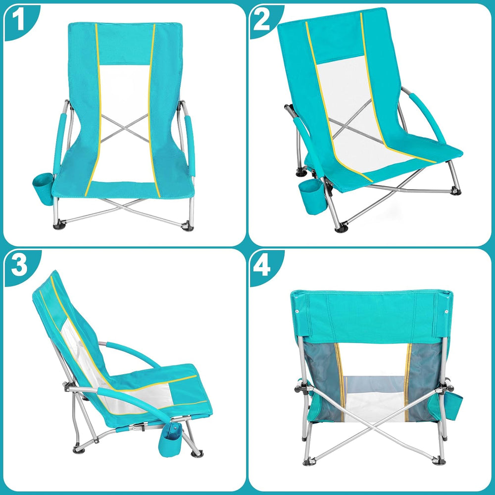 Romswi 2 Pack Lightweight Low Beach Chairs with Breathable Mesh Back,6LBS Fol...