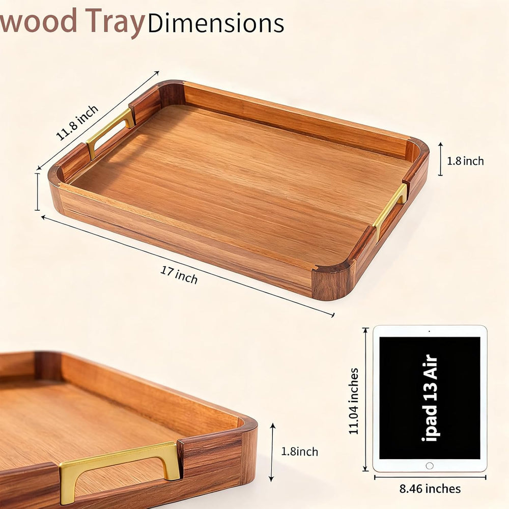 Acacia Wood Serving Tray with Metal Handles, 17x12in Food Drinks Tray for Cof...