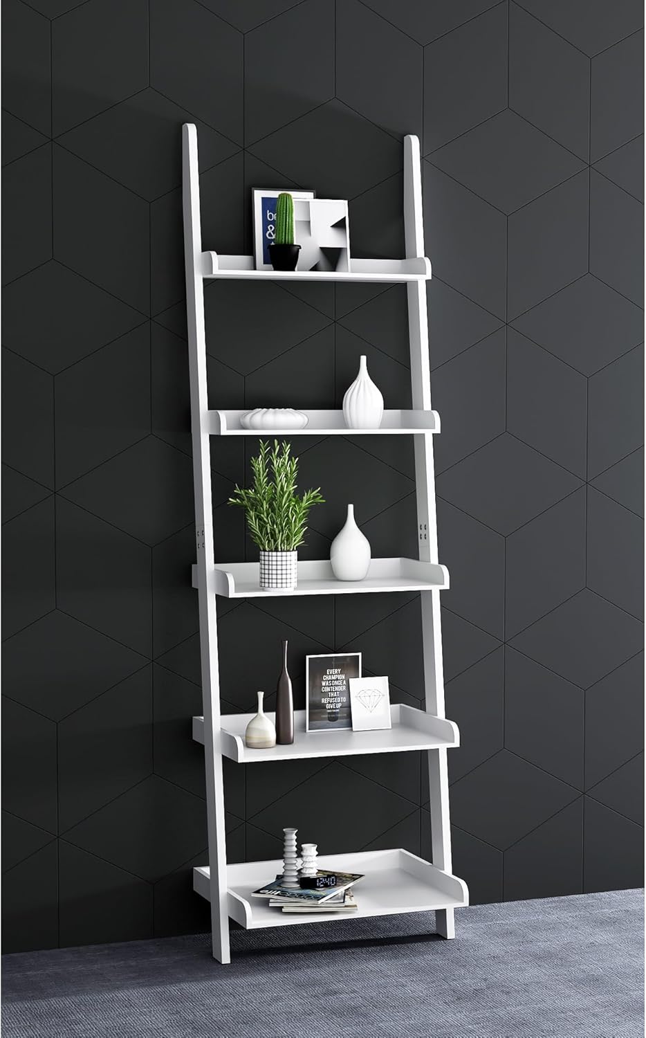 eHemco Modern 5 Tier Wall-Leaning Ladder Bookshelf Organizer, Storage Rack, 7...