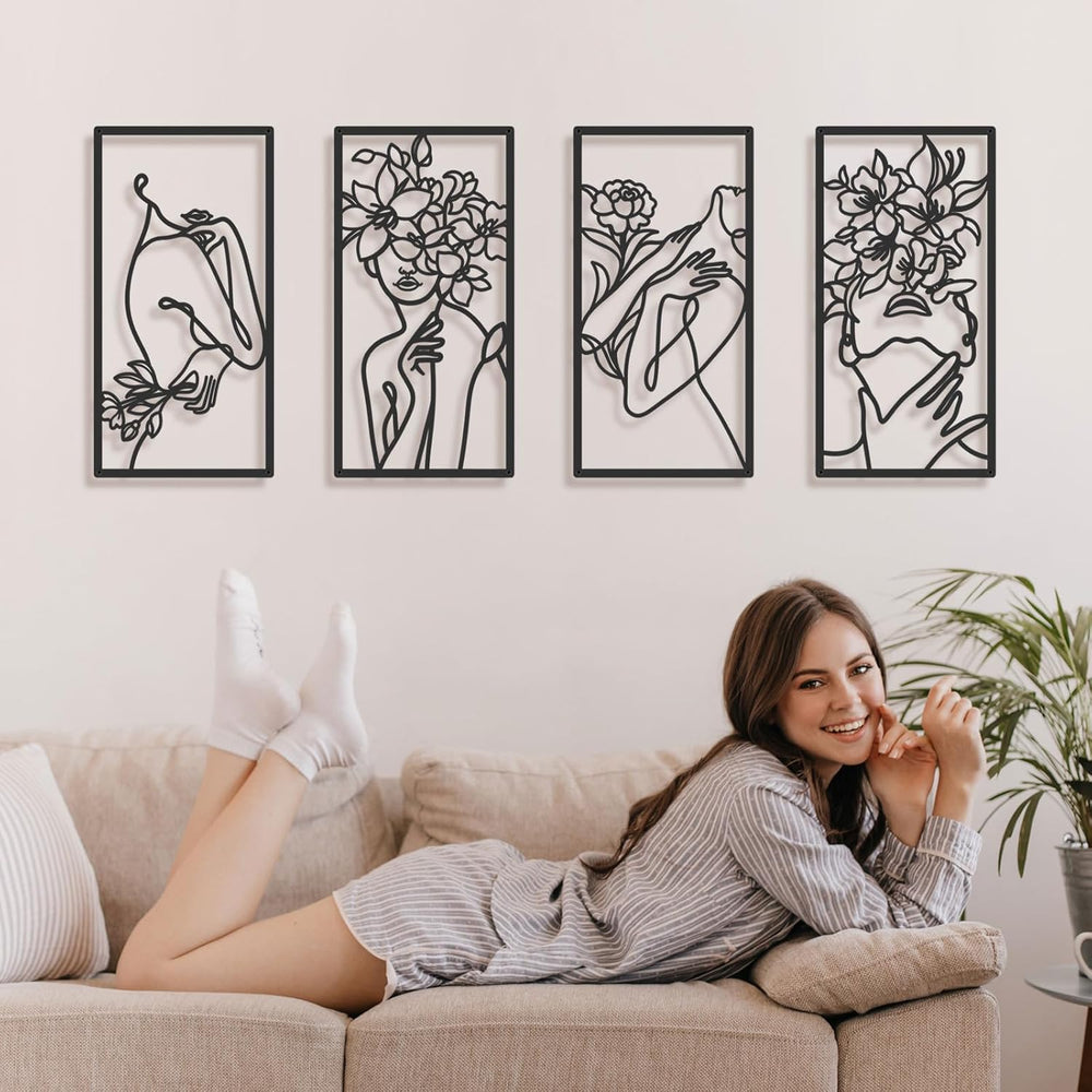 Bakovity Black Metal Wall Art, Abstract Minimalist Floral Woman Wall Decor
