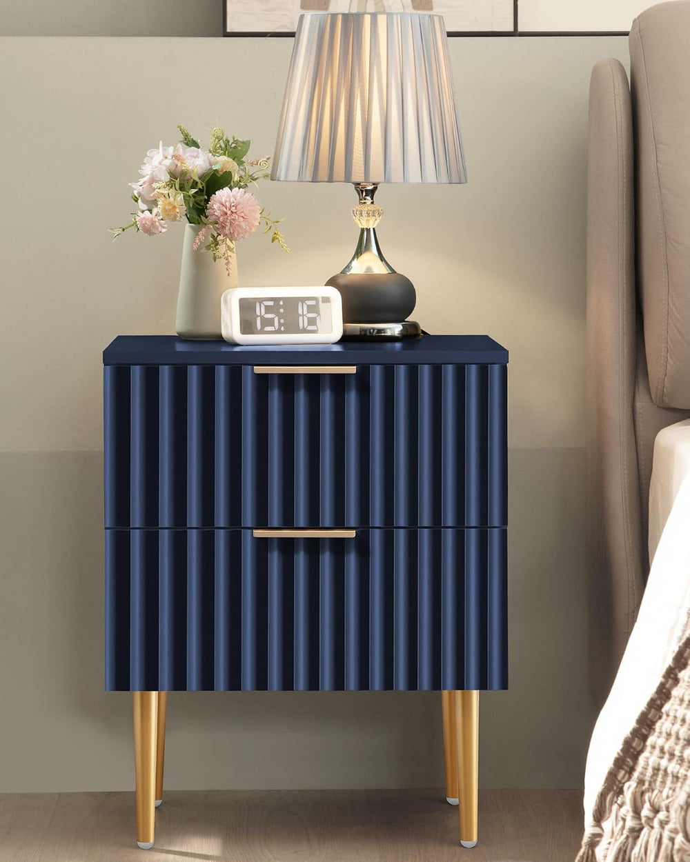 SICOTAS Night Stand Set 2, Fluted Glossy Nightstands Set of 2 with Drawers | ...