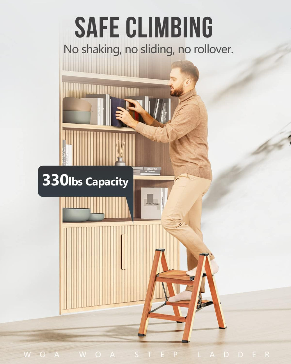 WOA WOA 2 Step Ladder, Foldable Step Stool, 300lbs Load, Wood Grain
