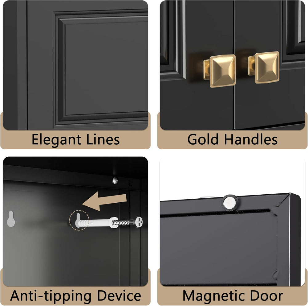 32" Wall Storage Cabinet with 2 Doors & Gold Handle | Black Metal, H...