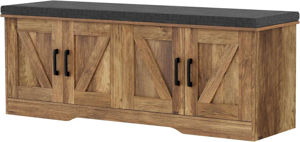 HOMSHO Farmhouse Shoe Storage Bench with 4 Barn Doors & Padded Seat Cushi...