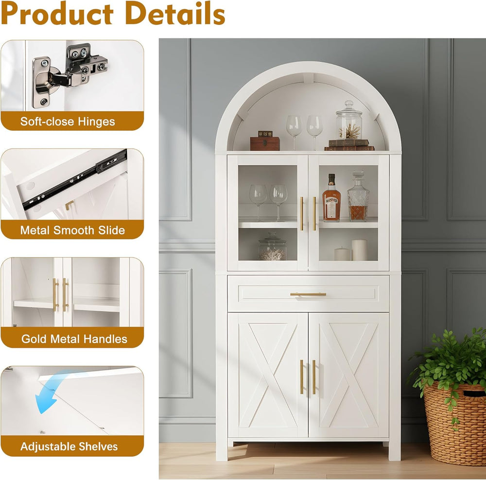roomfitters 71" Tall Arched Farmhouse Pantry Cabinet with Glass Barn Doo...