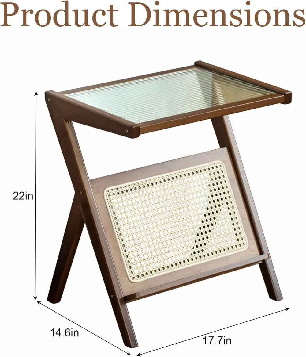 Boho Rattan Side Table, Wooden Accent Table with Magazine Storage Shelf, Mid ...