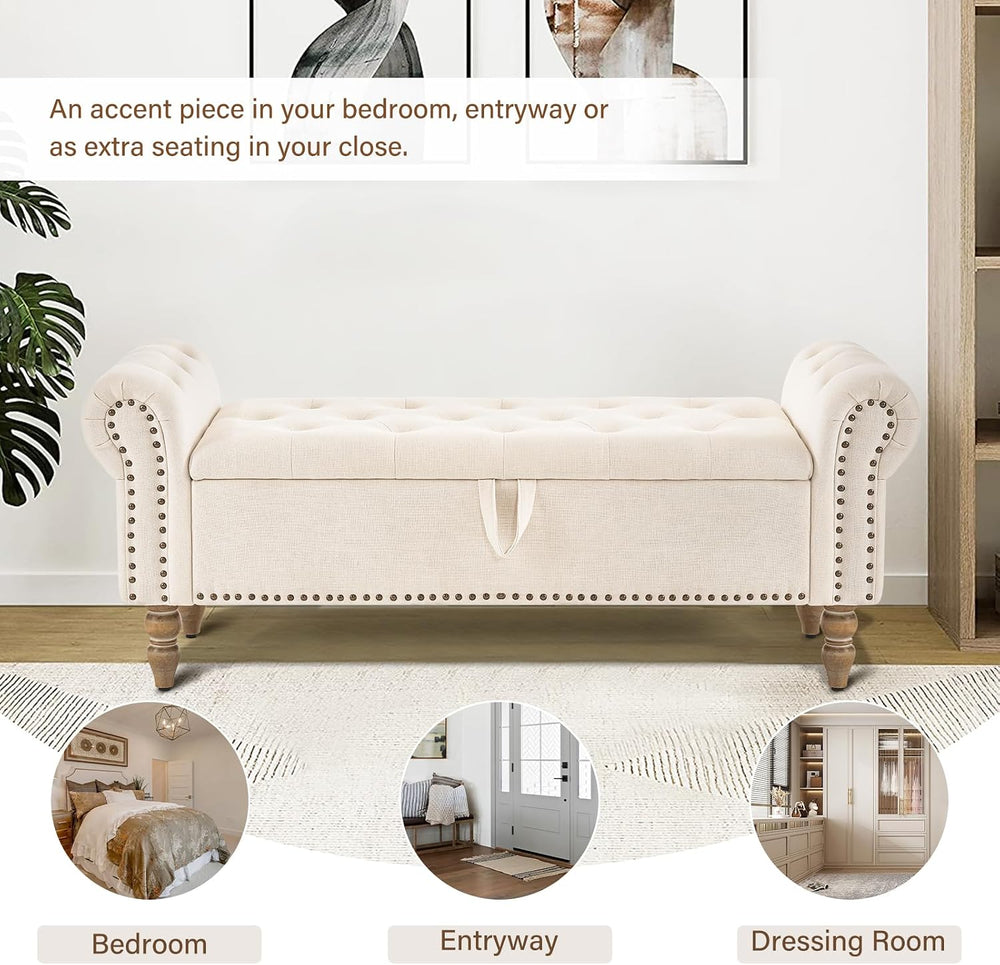 Furnimart Storage Bedroom Bench for End of Bed, Faux Linen Upholstered Storag...