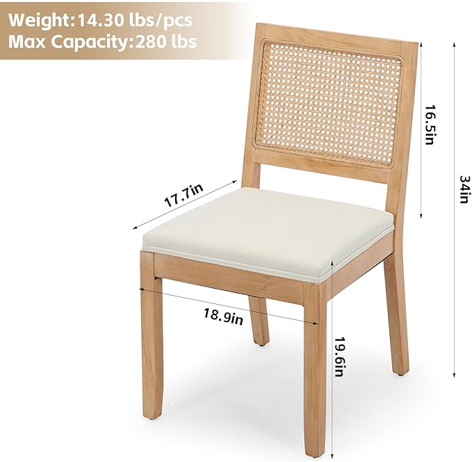 Rattan Dining Chairs Set of 4, French Country Cane Back Upholstered Kitchen C...