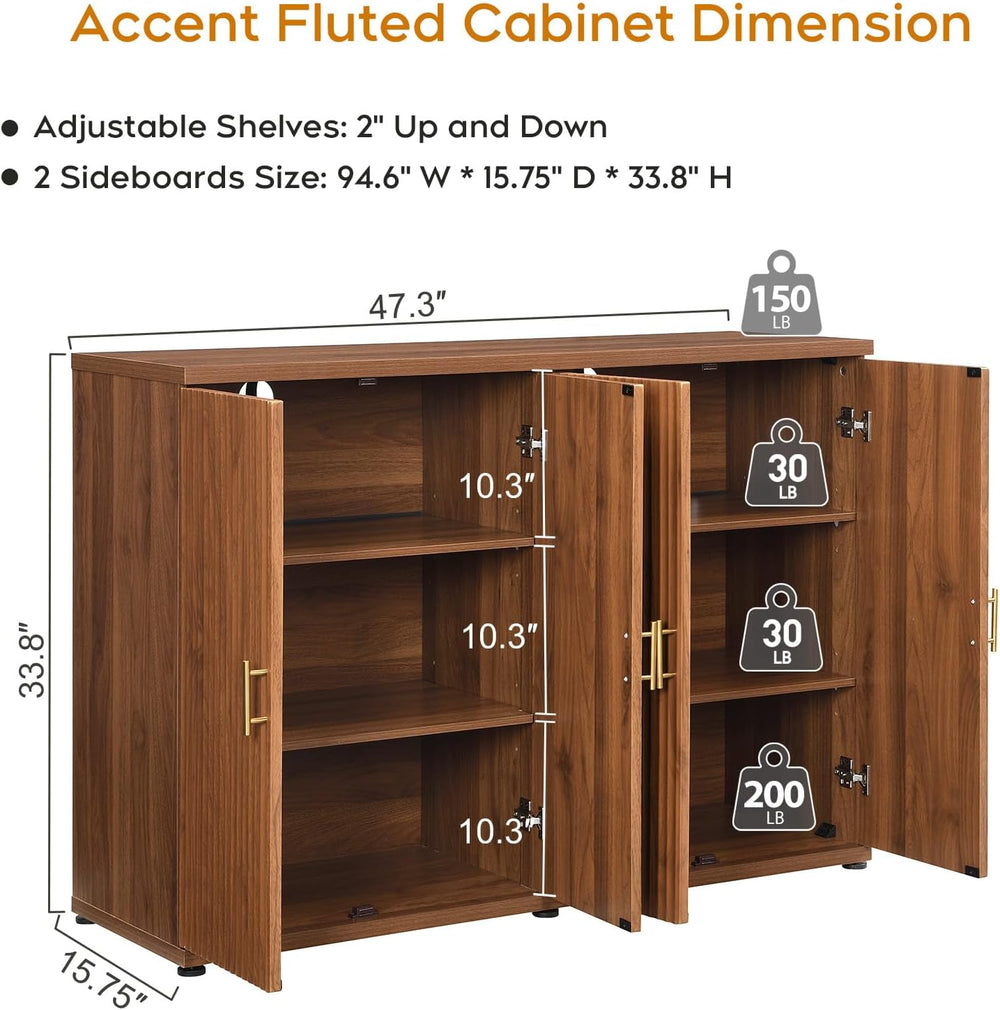 Yechen 94.6" Walnut Fluted Sideboard Buffet Cabinet with Storage and 8 D...