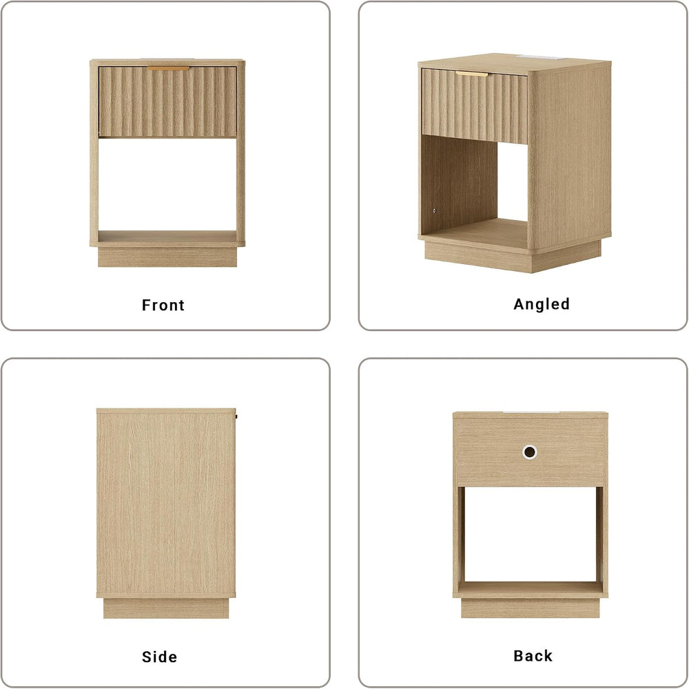 Fluted Nightstand with Charging Station, 18" W Night Stand with Metal Ha...