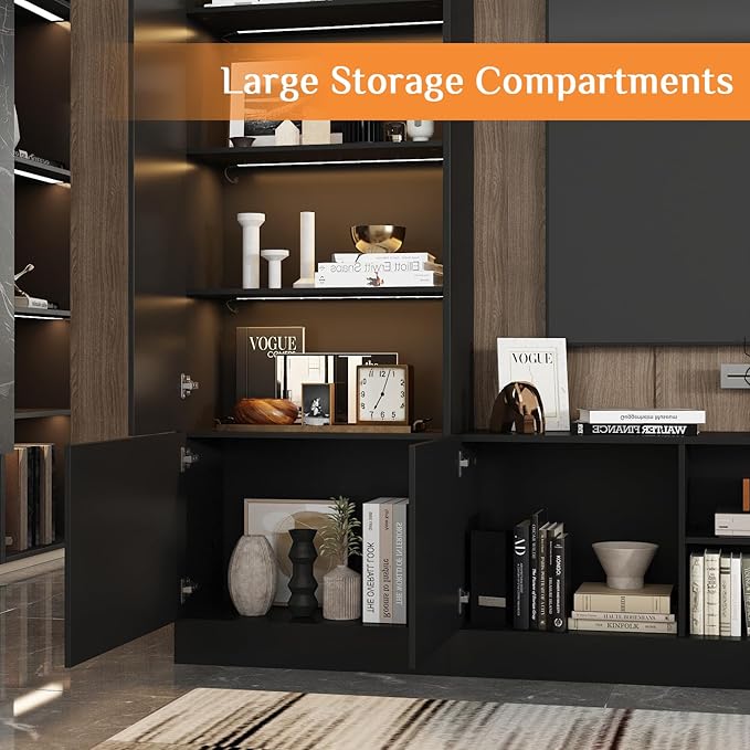 WOODTIME 114" Large Wall Unit Entertainment Center with Bookshelves, Lig...