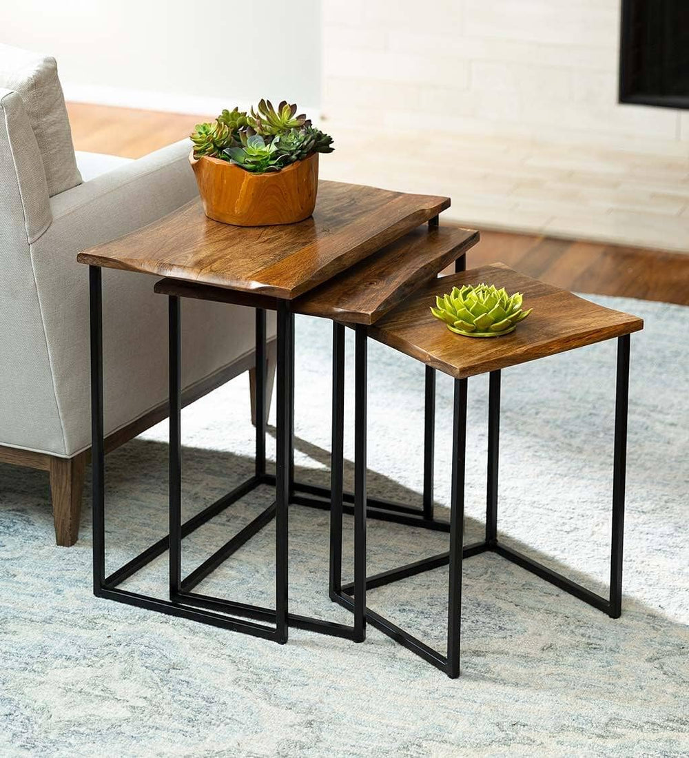 Vivaterra Live-Edge Reclaimed Wood Nesting Tables, Farmhouse Industrial Set o...