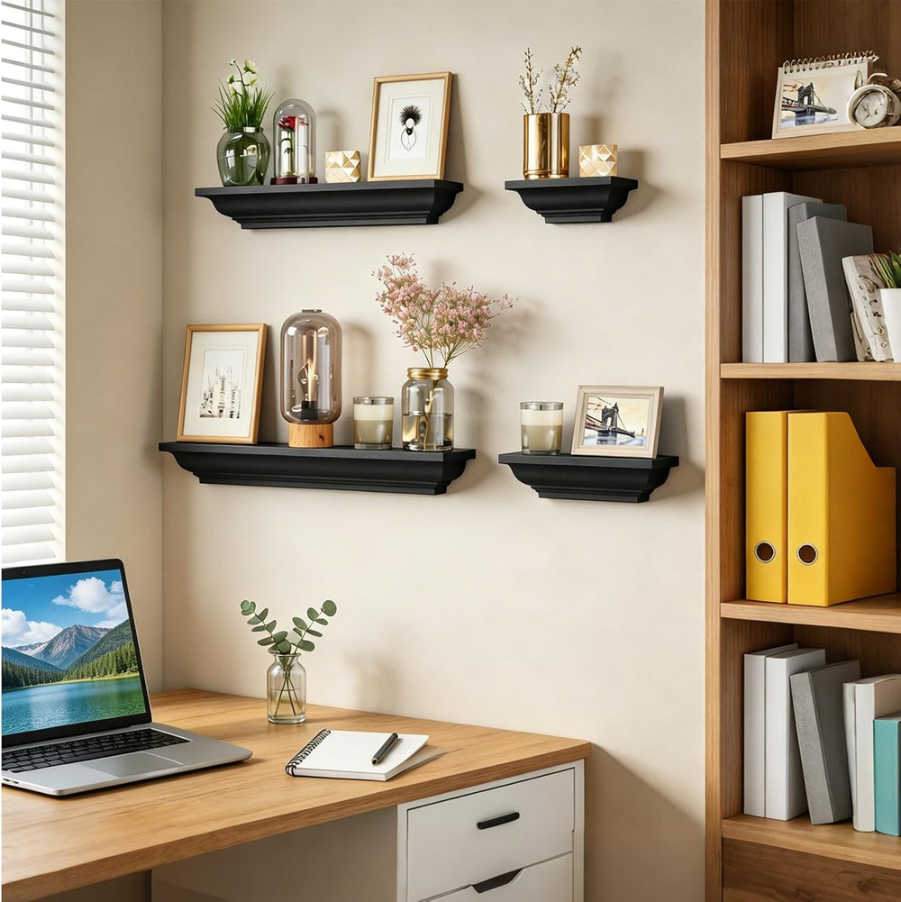 SRIWATANA 24 Inch Floating Shelves for Wall, Black Wood Wall Shelf Set of 4
