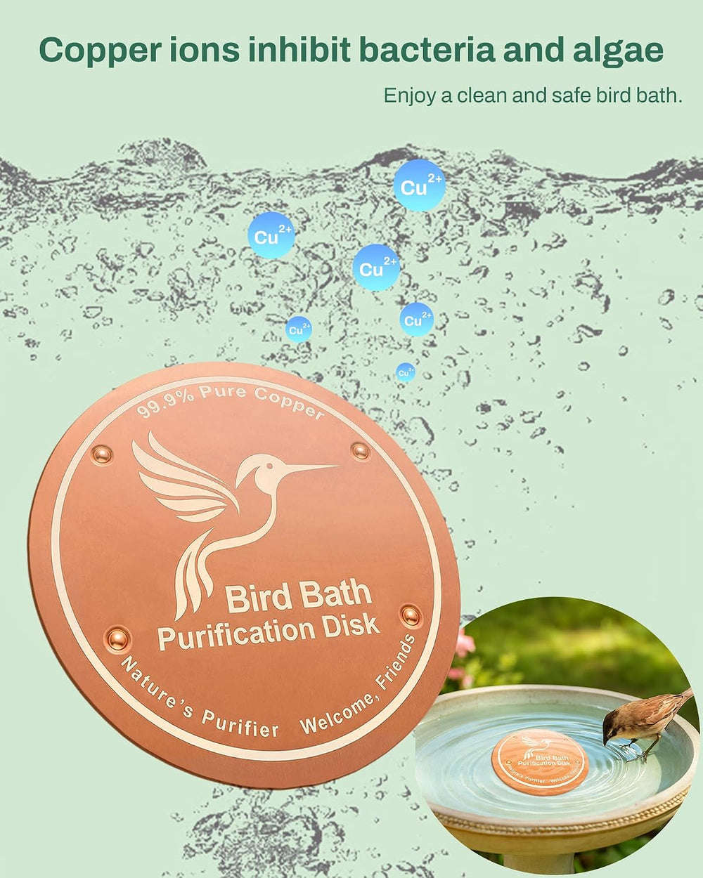 OICEME Bird Bath Purification Disk Pure Copper Backyard Outside Solar Power W...
