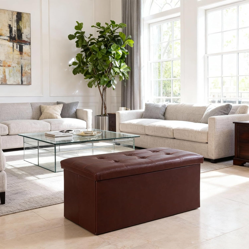 JupiterForce Ottoman Storage Bench, 30 Inches Folding Faux Leather Ottoman Be...