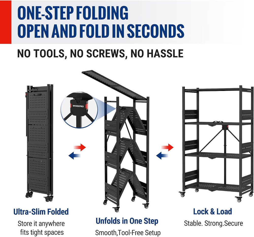WORKPRO 4-Tier Folding Shelf, No-Assembly Metal Storage Rack with Wheels, 600...