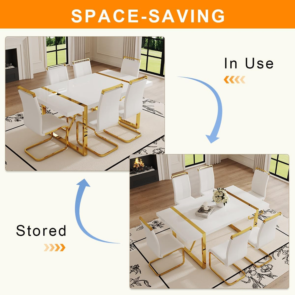 Modern Dining Table Set for 6, 55" White Dining Table Set with 6 Faux Le...