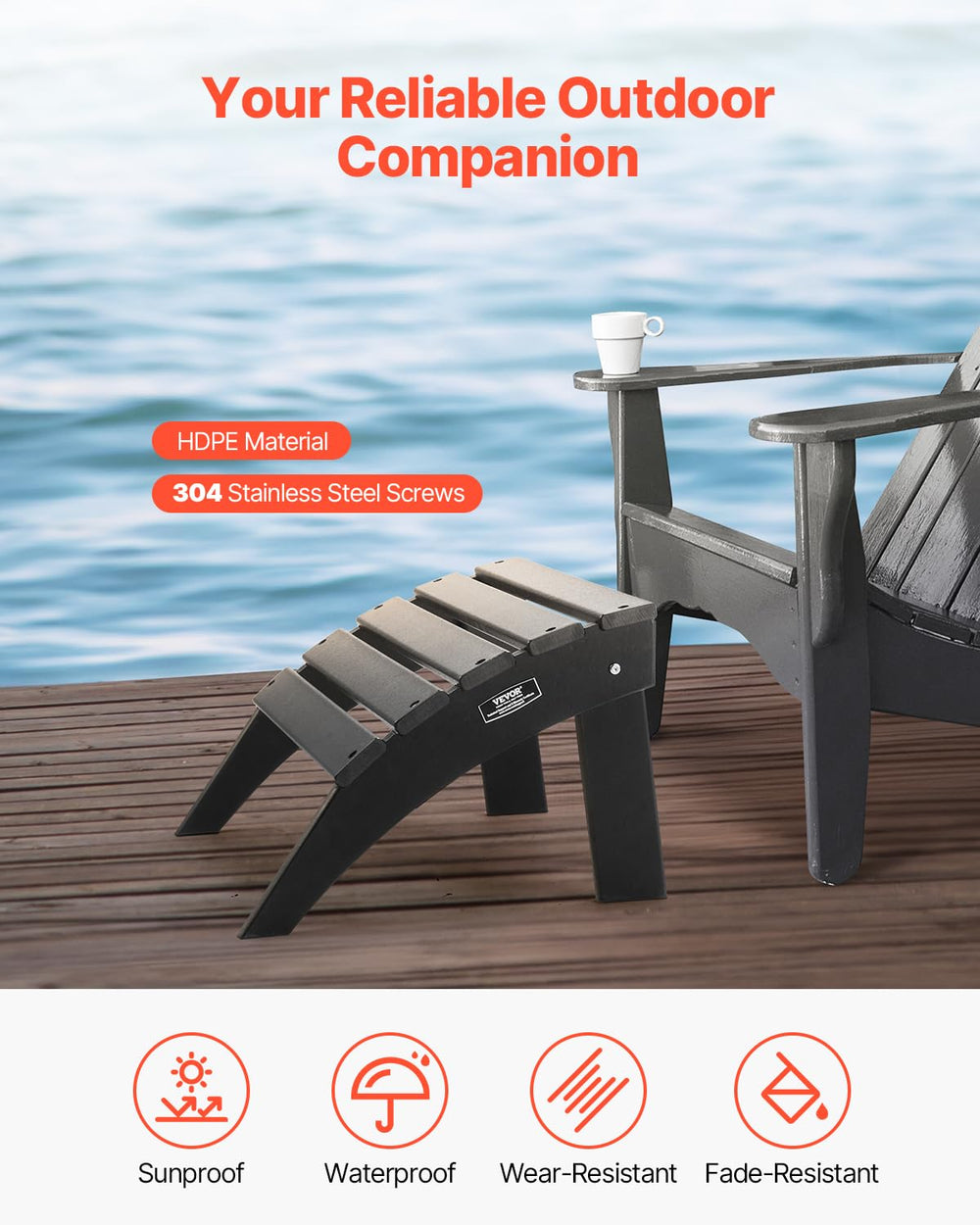 VEVOR Adirondack Ottoman, 18.7L x 19.7W x 13H Inch HDPE Plastic Folding Adiro...