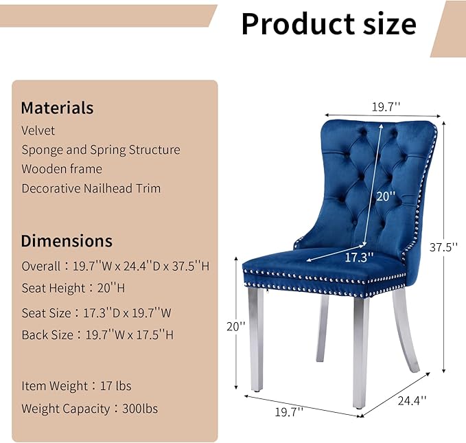 Luxury Upholstered Dining Chairs Set of 8, Blue Kitchen Chair with Silver Met...