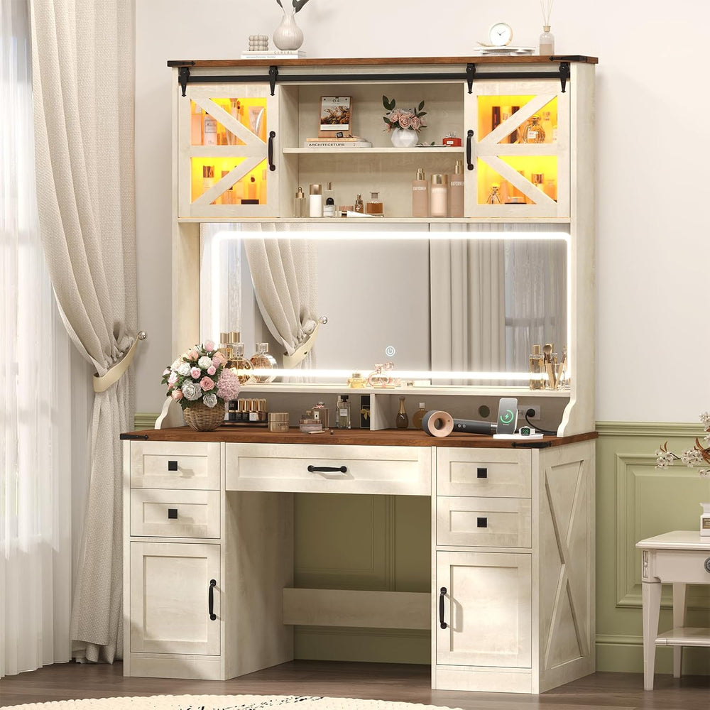 75.2" Farmhouse Makeup Vanity Desk with Large Mirror & Sliding RGB C...