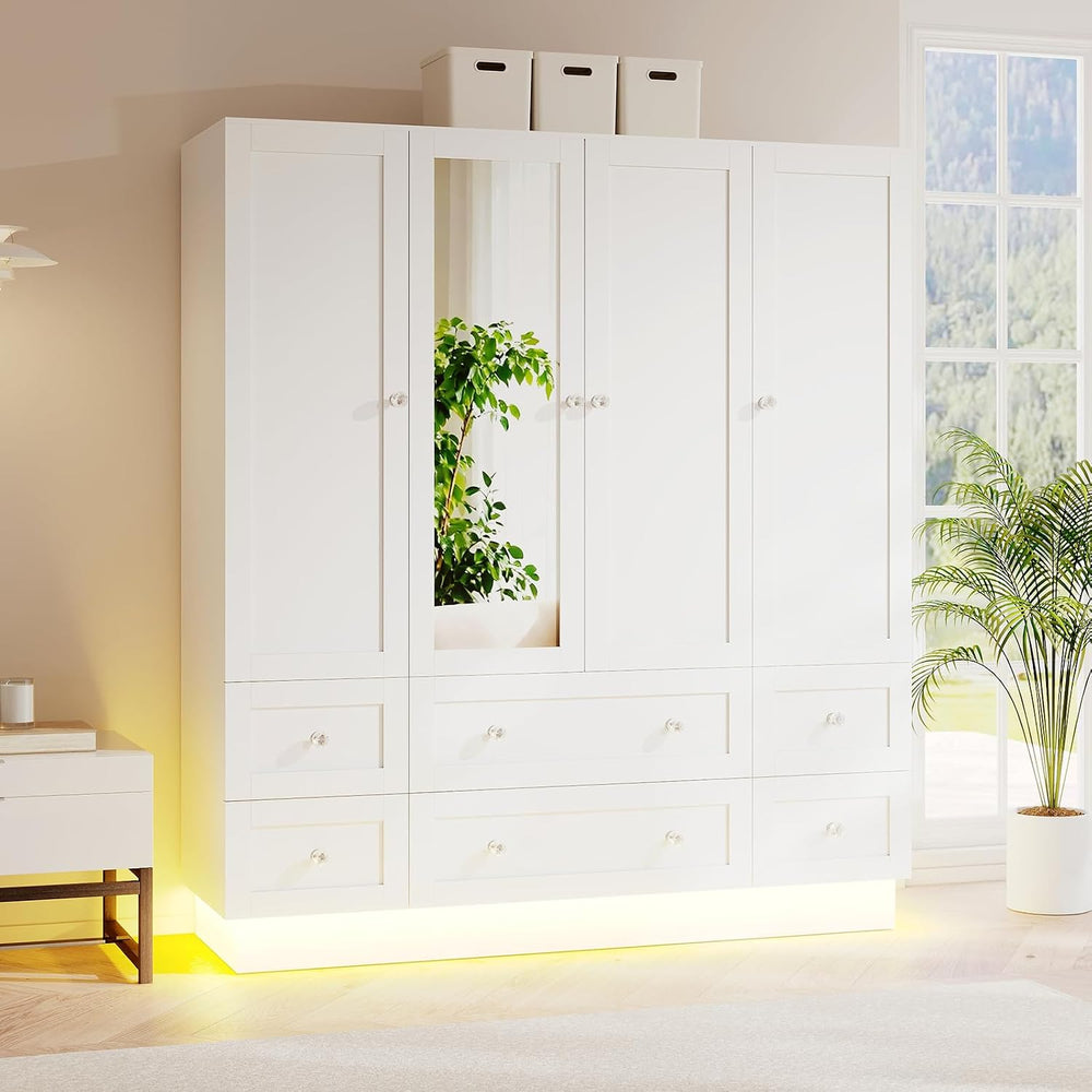 VOWNER Wardrobe Closet with 4 Doors Bedroom Armoire with Mirror & 6 Drawers