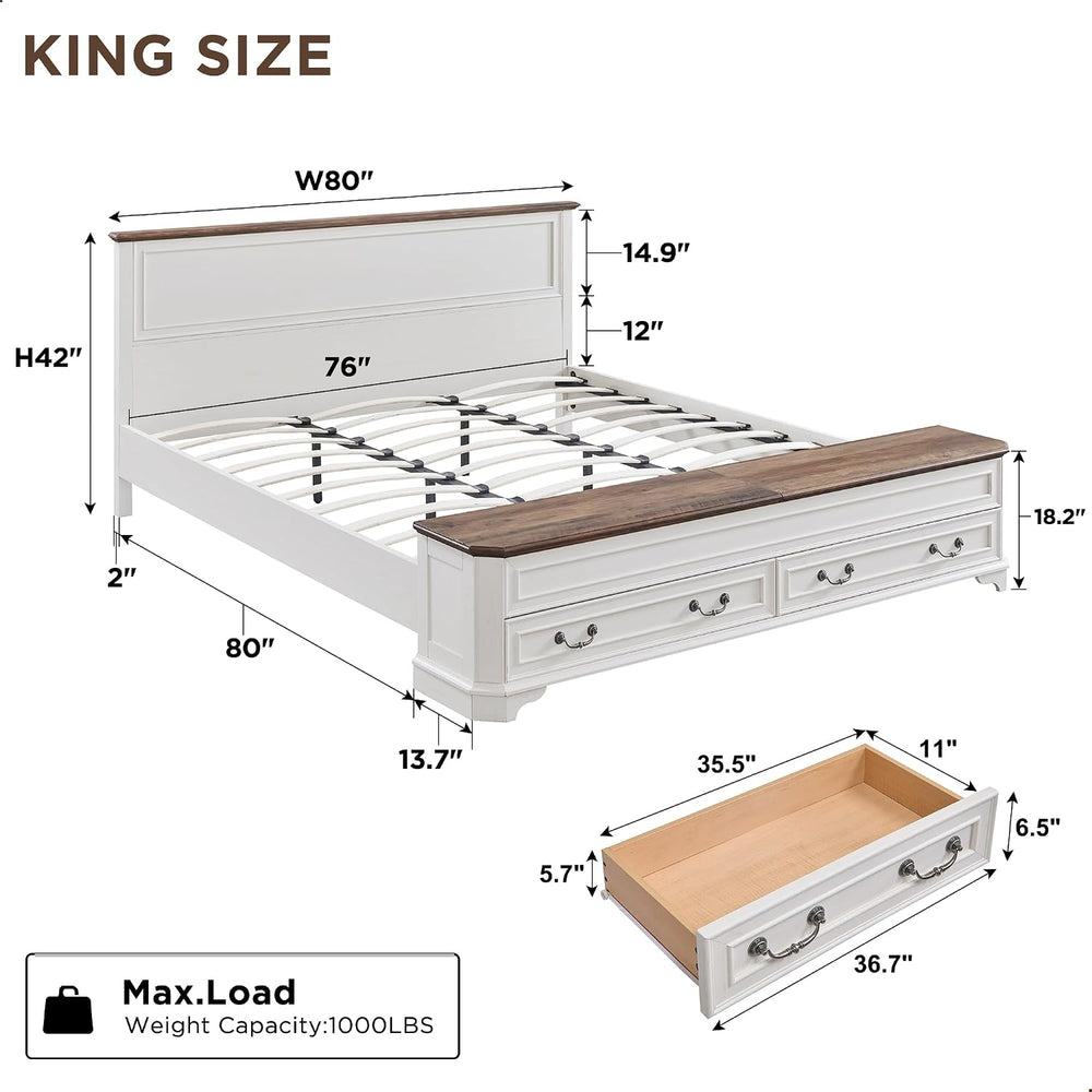 T4TREAM Farmhouse King Bed with Headboard and Storage Bench, Antique White