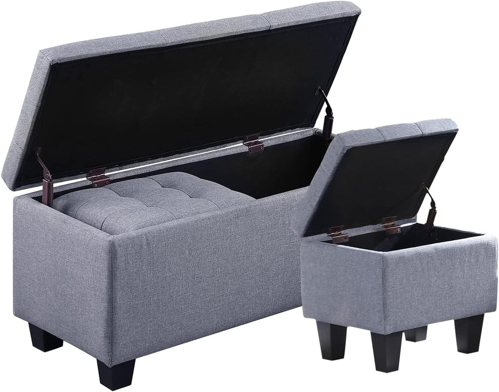 38'' Hinged Storage Ottoman w/Small Foot Stools, Set of 3, Grey