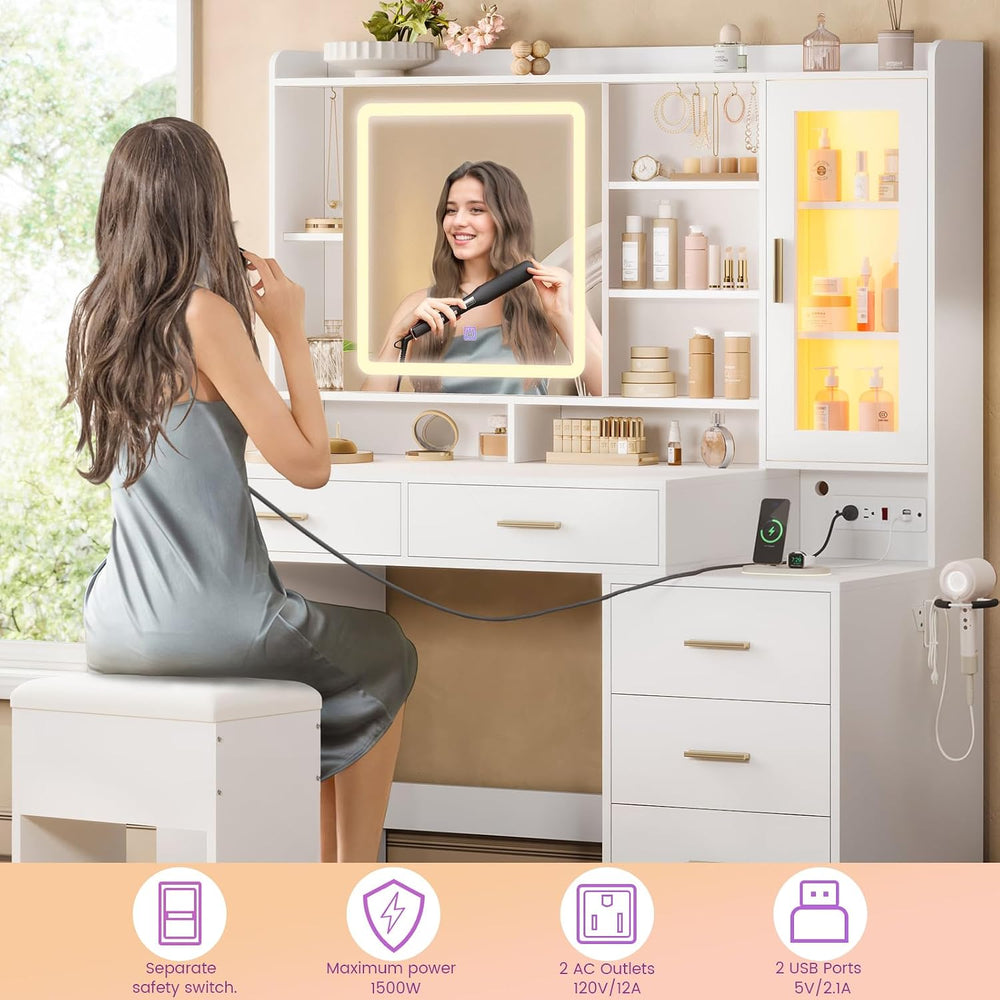 DICTAC Makeup Vanity Desk with Sliding LED Lighted Mirror, 47.2"W Large ...