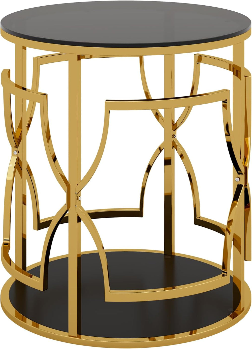 Merax 19.7" Round Gold Metal Side Table with Tempered Glass Top & 2-...