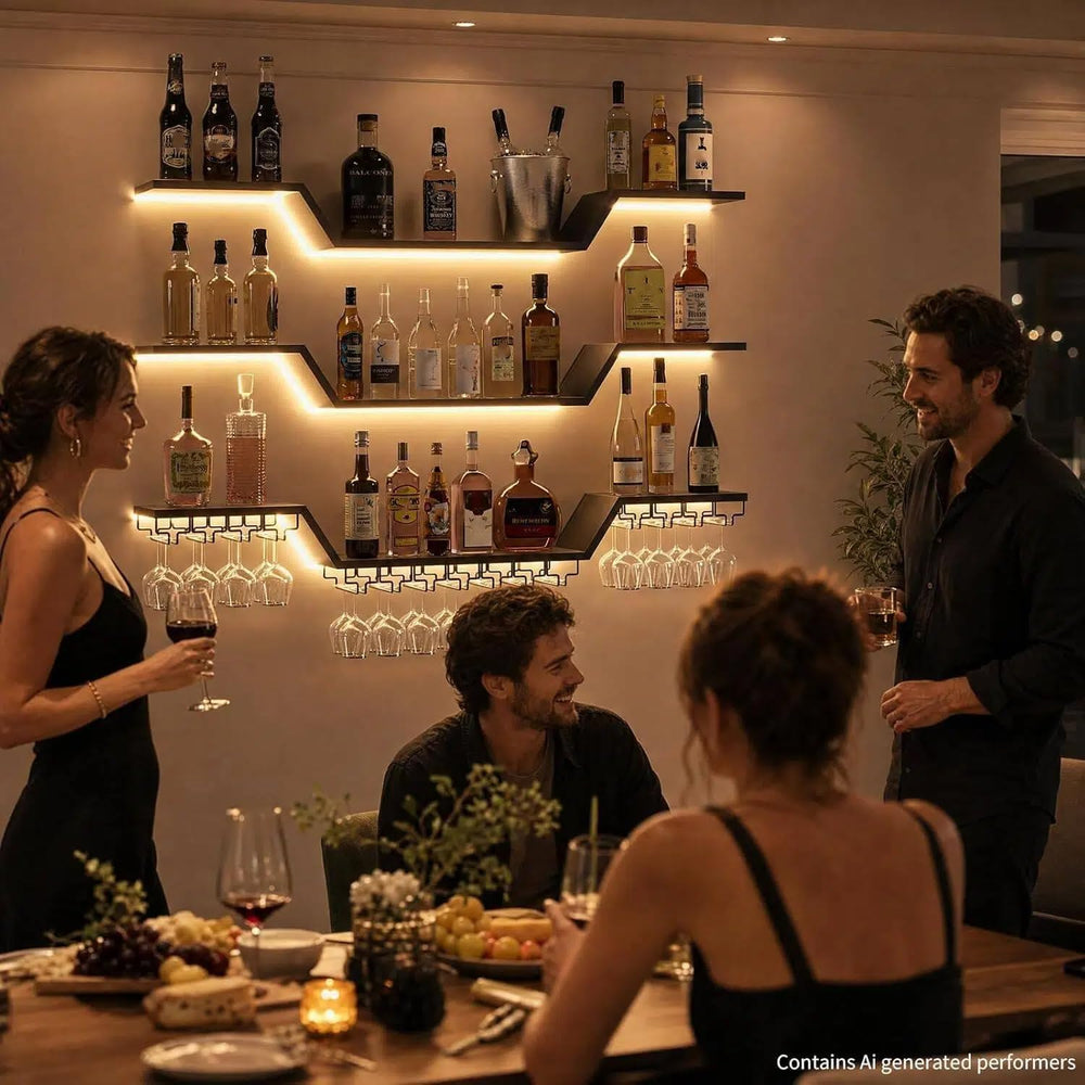 Wall Mounted Wine Rack with LED Lights | 3-Tier Floating Bar Shelves, Hanging...