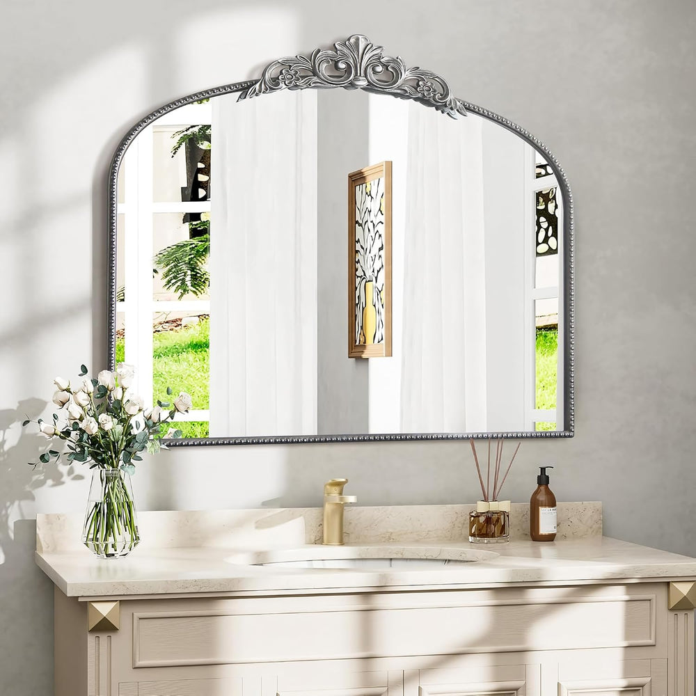 Vintage Silver Wall Mirror: 40"x29" Baroque Antique Arched Mirror