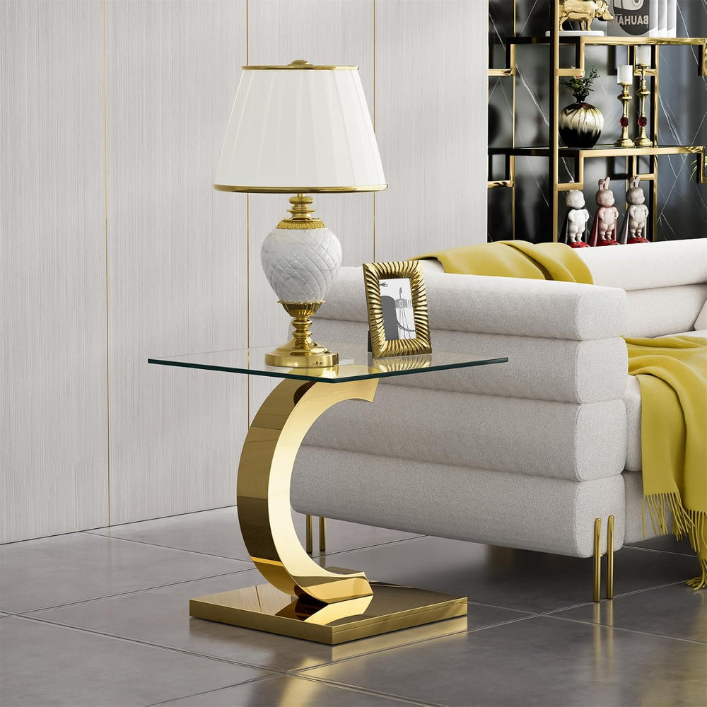 Modern Square Glass End Side Table with C-Shape Gold Stainless Steel Base, 22...