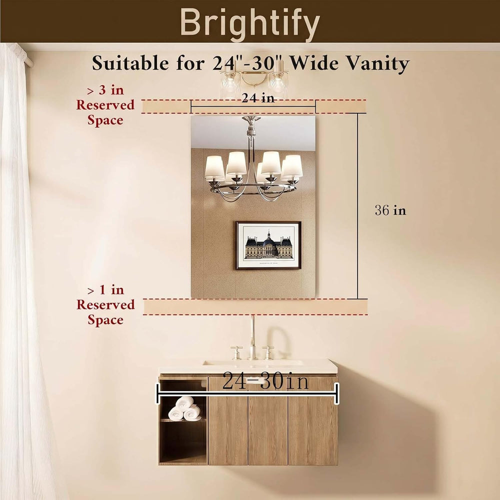 Brightify Frameless Mirror, 24x36 Inch Bathroom Mirrors for Over Sink, Temper...