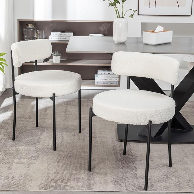 White Boucle Dining Chairs Set of 2, Upholstered Dining Room Chairs with Blac...