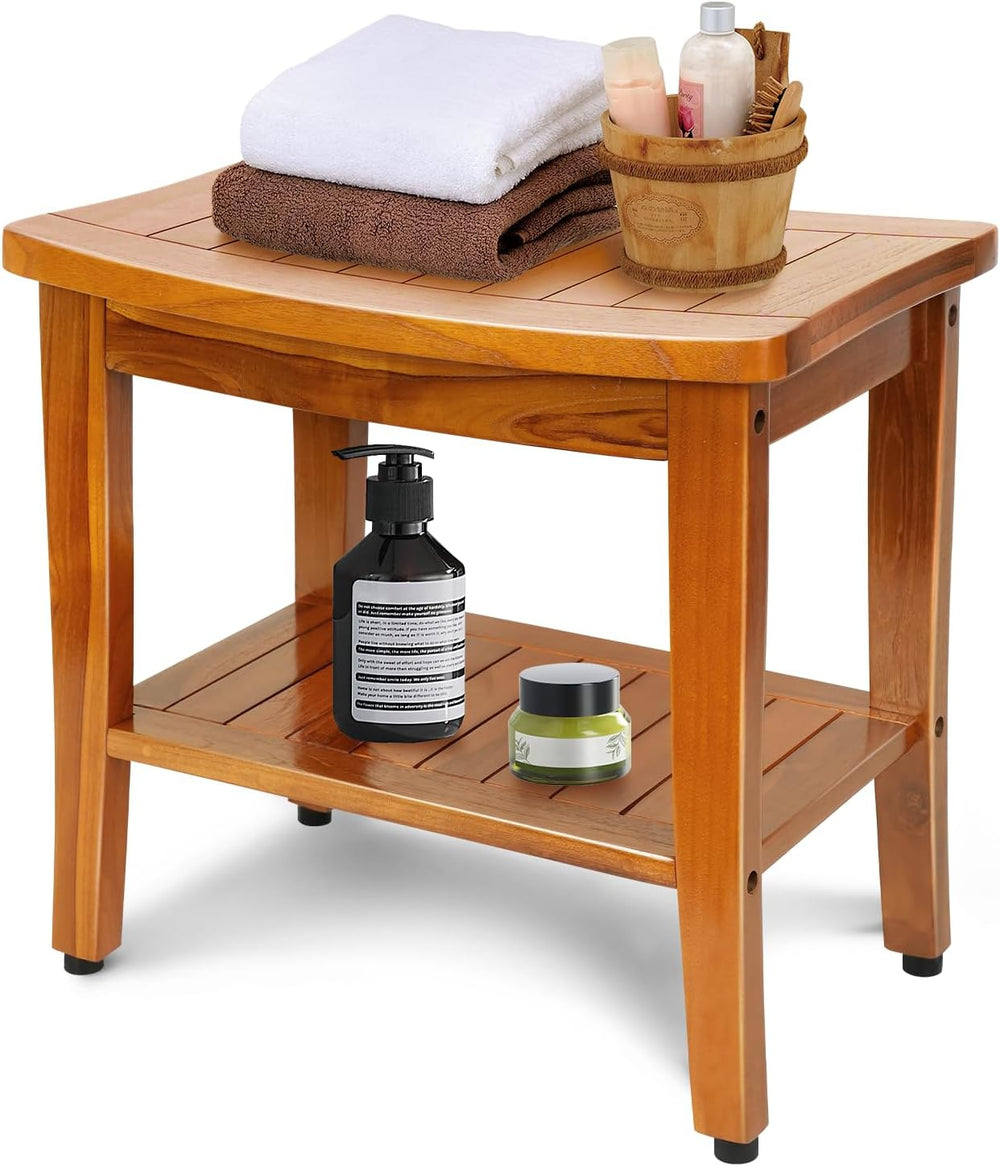 20" Premium Teak Shower Bench with Shelf & Handle, Solid Teak Shower...