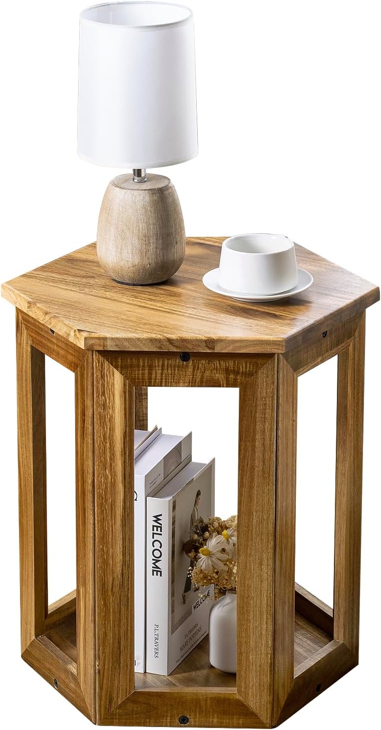 MyGift Hexagon Acacia Wood End Table with Shelf – 20-Inch Tall Small Side Tab...