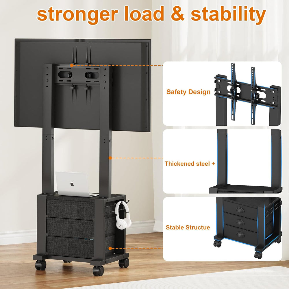 Rolling TV Stand with 3 Drawers for 23-60 Inch TVs with Storage | Hidden Stor...