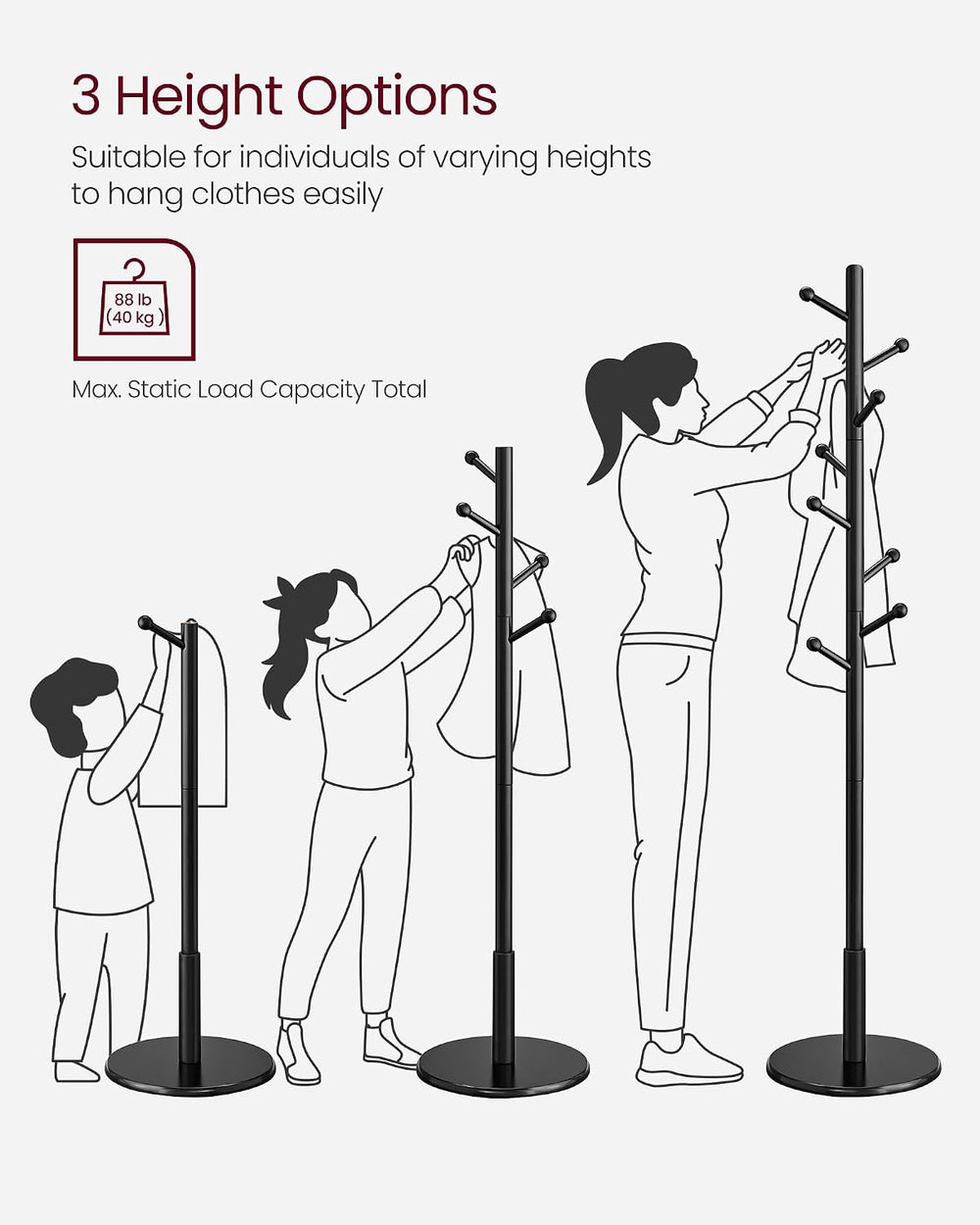 VASAGLE Solid Wood Coat Rack, Free Standing, 8 Hooks, 3 Height Options