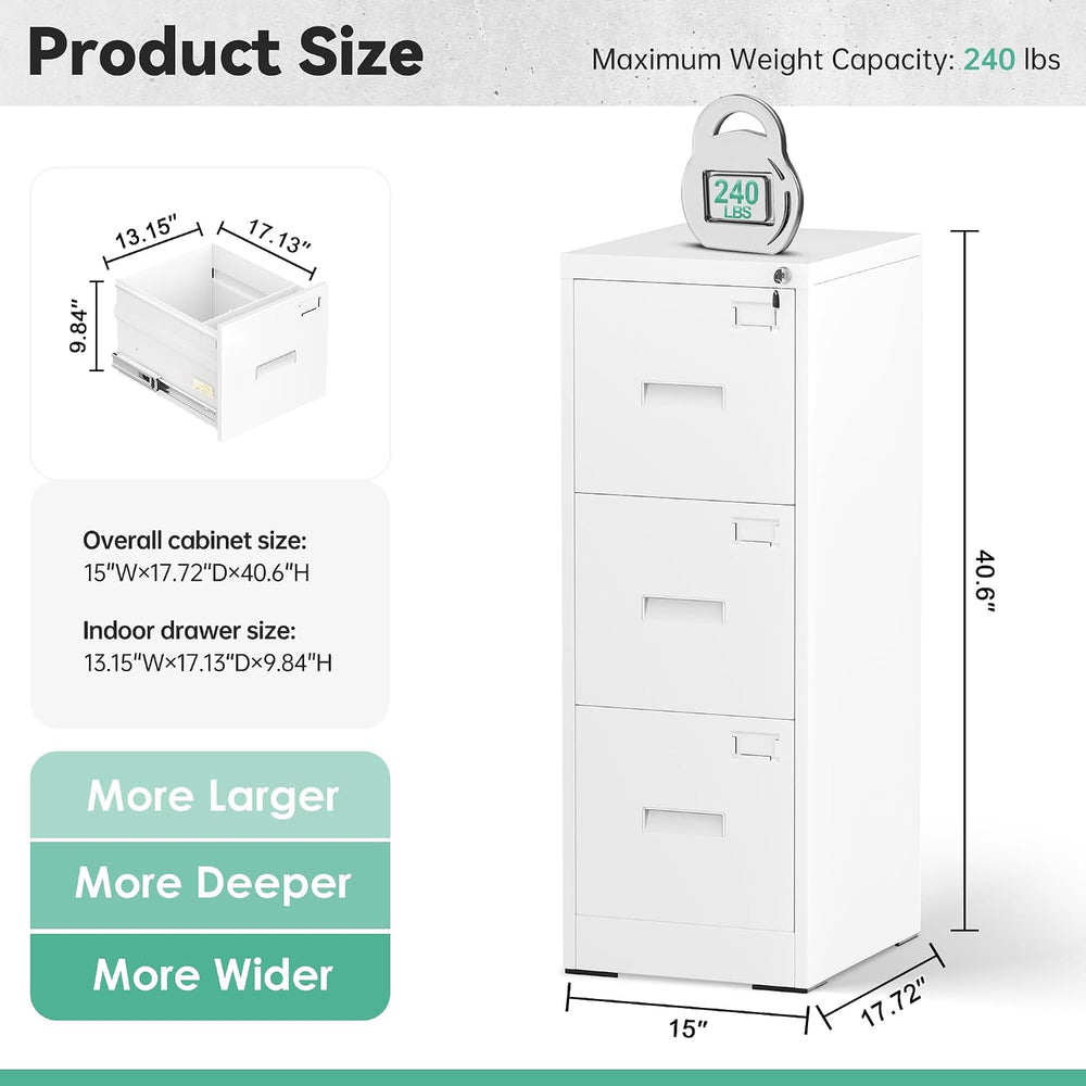 Bonusall Vertical File Cabinet with Lock 3 Drawer Locking Vertical Filing Cab...