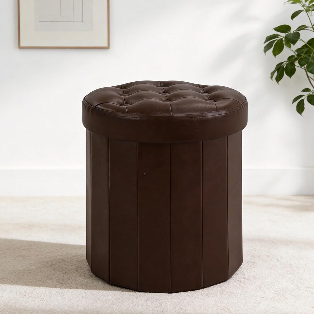 CAROLMADE Round Storage Ottoman, PU Leather Vanity Stool