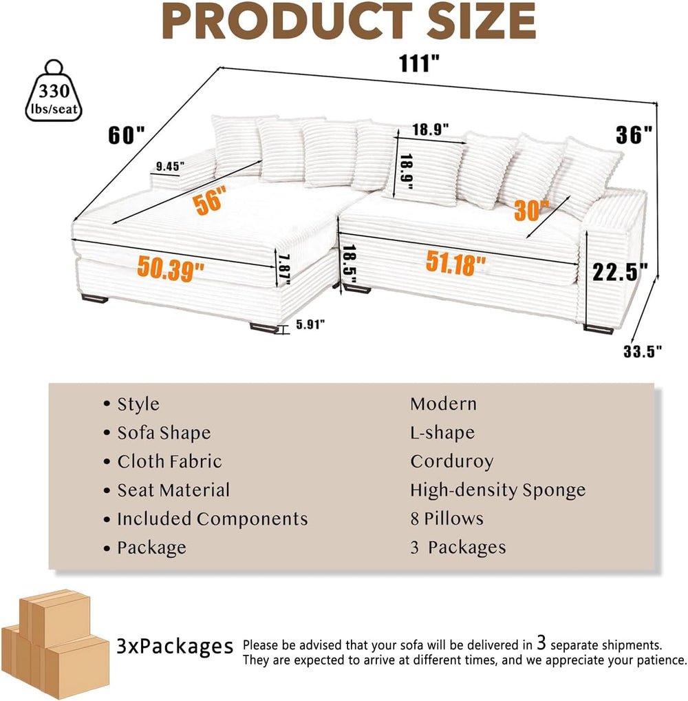 111'' Sleeper Sofa Bed Full Size, Corduroy Modular Sectional Sofa, Green