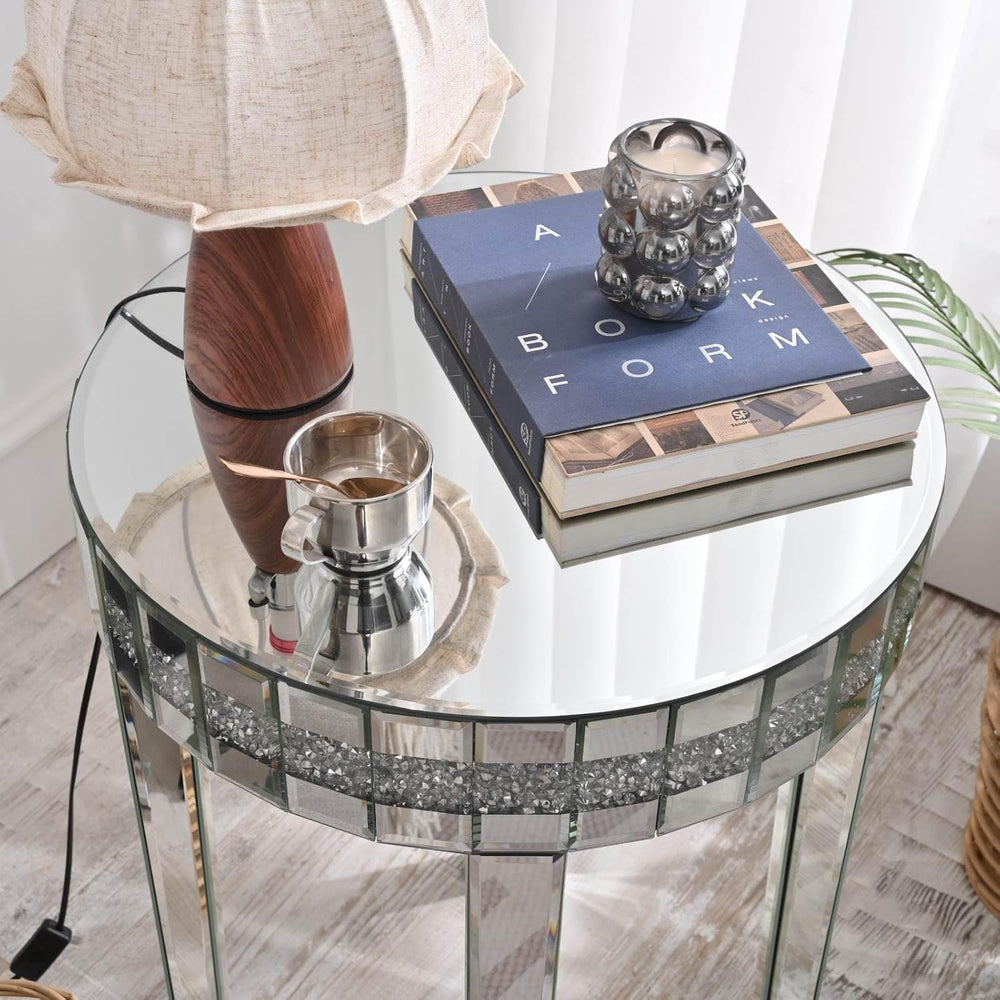 Round Mirror Accent Table with Crushed Diamond Edge Frame, 19.7" Mirrore...