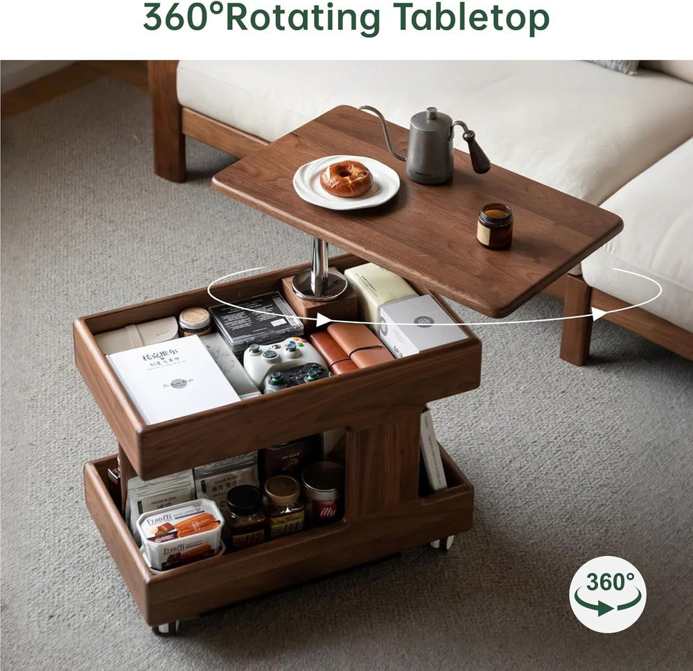 100% Solid Wood Lift Top End Table with Swivel Top, Sofa Couch Table with Whe...