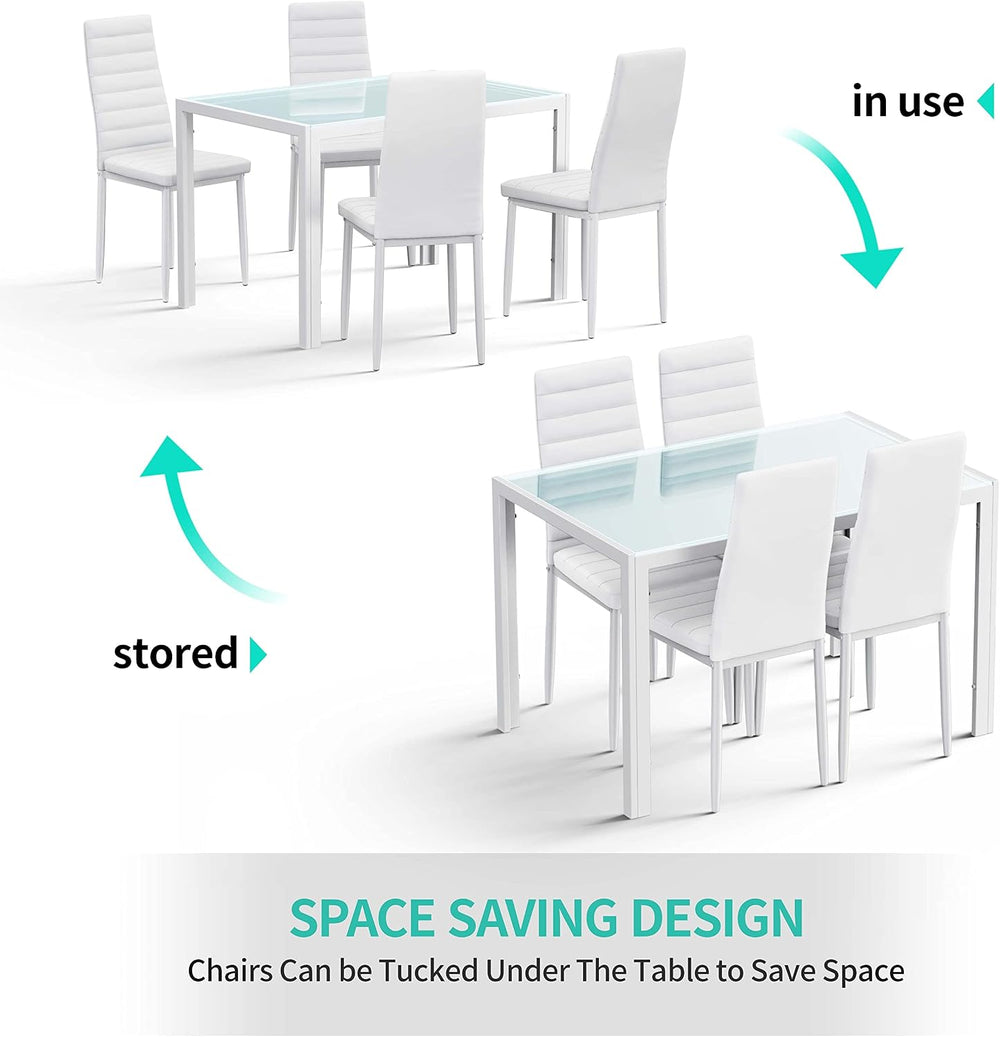Gizoon White 5 Piece Glass Dining Table Set, Kitchen Table and Chairs for 4