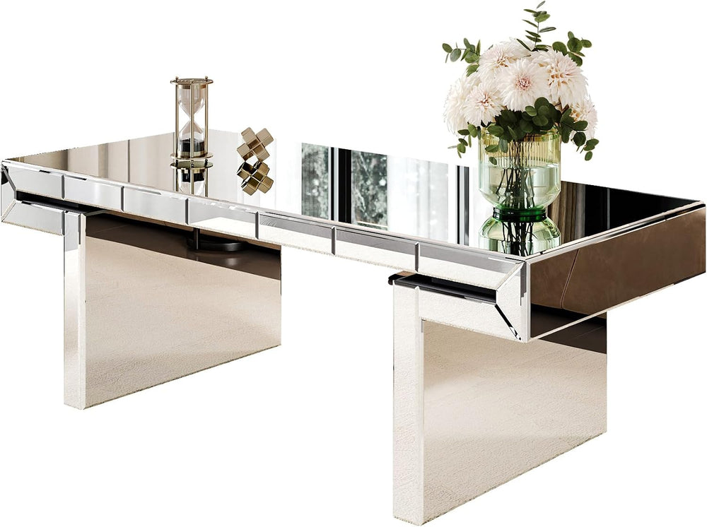 47 Inches Luxury Rectangular Mirror Coffee Table with Tempered Glass, Sofa Si...